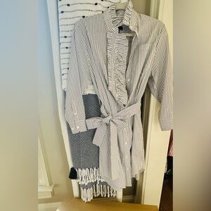 Burberry Pinstipe dress with chic ruffled neckline!